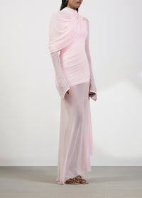 Ivaren Pink Asymmetrical Ruched Mesh Maxi Dress