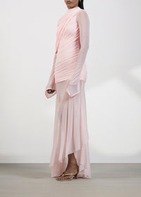 Ivaren Pink Asymmetrical Ruched Mesh Maxi Dress