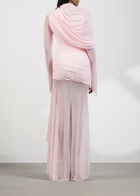 Ivaren Pink Asymmetrical Ruched Mesh Maxi Dress
