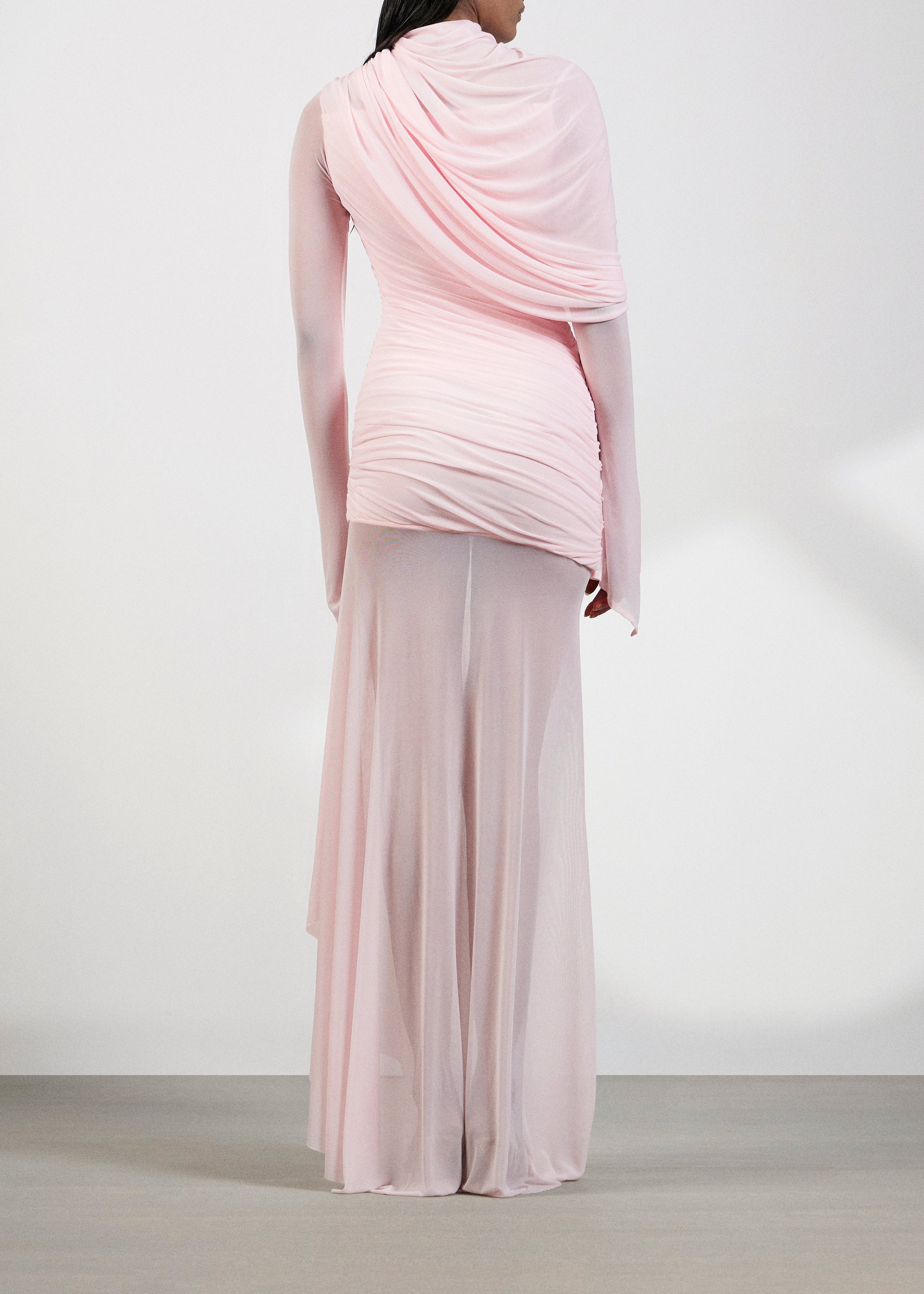 Ivaren Pink Asymmetrical Ruched Mesh Maxi Dress