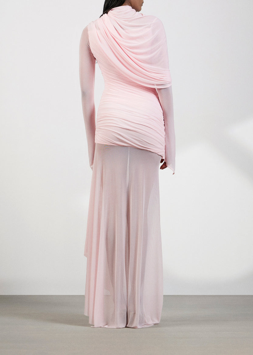 Ivaren Pink Asymmetrical Ruched Mesh Maxi Dress