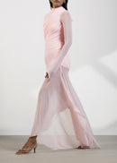 Ivaren Pink Asymmetrical Ruched Mesh Maxi Dress