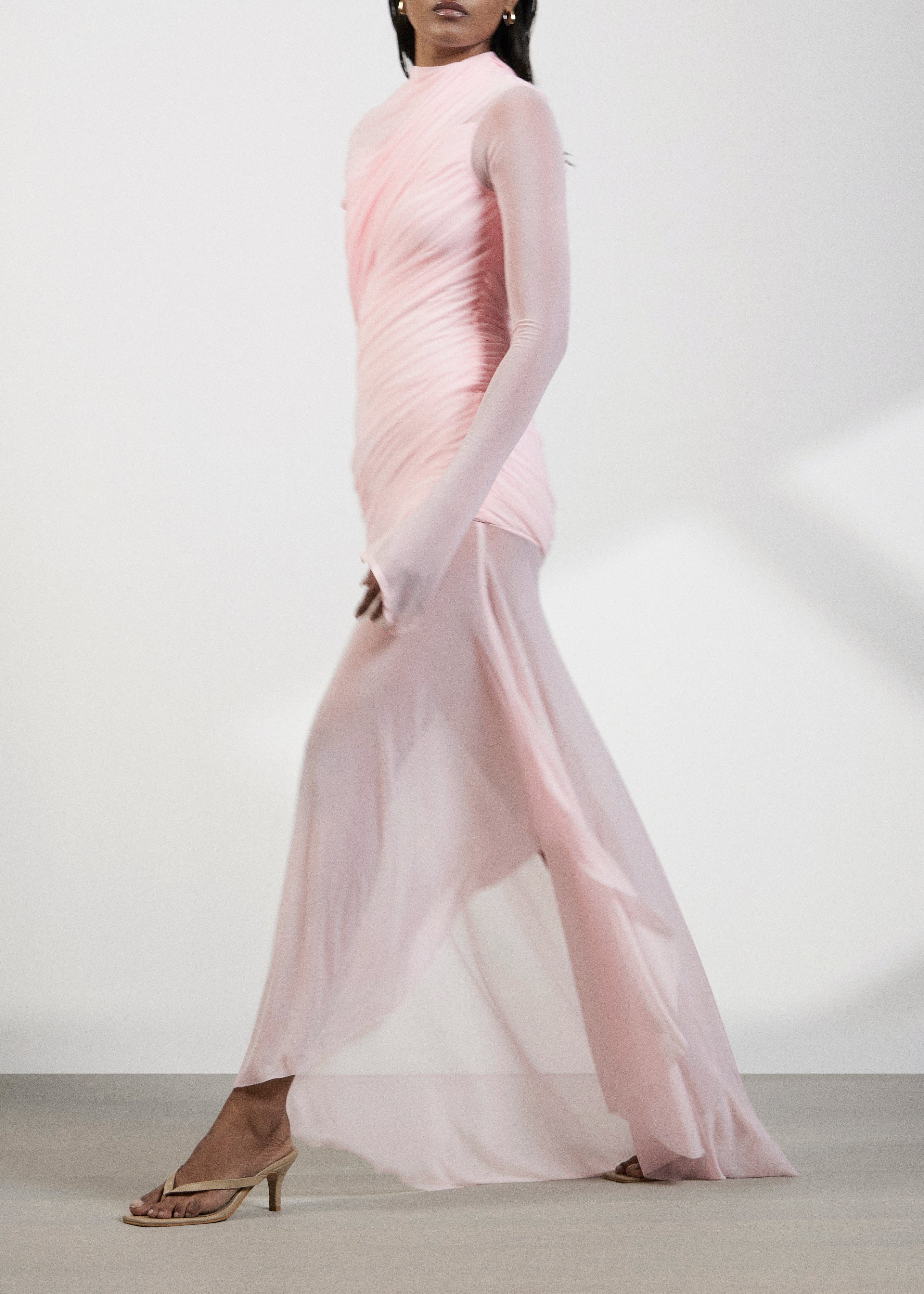 Ivaren Pink Asymmetrical Ruched Mesh Maxi Dress