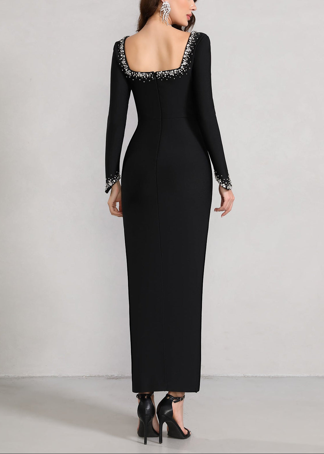 Firenze Long Sleeve Crystal Embellished Trim Maxi Dress In Black