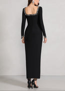 Firenze Long Sleeve Crystal Embellished Trim Maxi Dress In Black