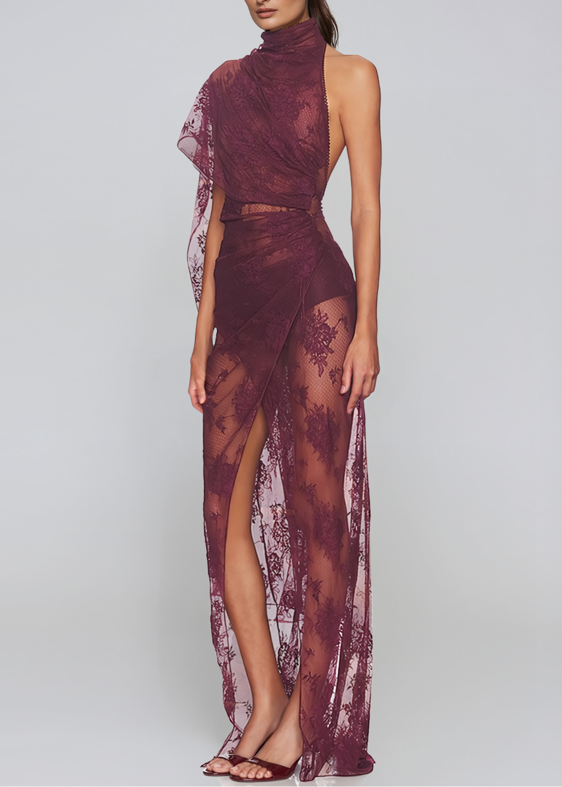 Mylen Asymmetrical Mesh Lace Maxi Dress