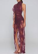Mylen Asymmetrical Mesh Lace Maxi Dress