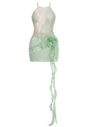 Masumi Lace Floral Sequin Mini Dress In Green