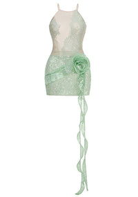 Masumi Lace Floral Sequin Mini Dress In Green