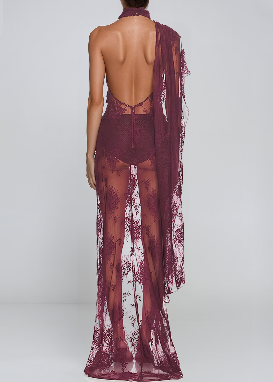 Mylen Asymmetrical Mesh Lace Maxi Dress