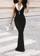 Reyra Halter Lapel Collar Maxi Dress In Black White