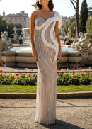 Faroald One Shoulder Crystal Bustier Sequin Maxi Dress In White Nude