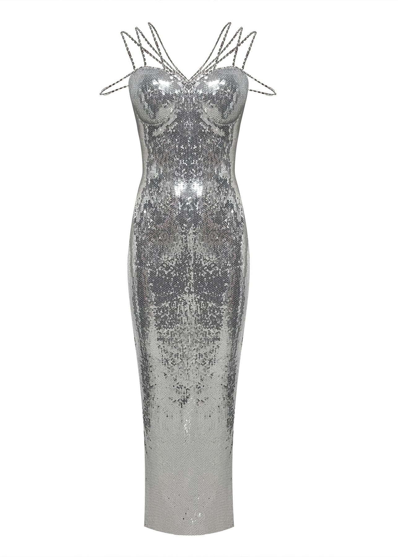 Sylvara Rhinestone Sequin Maxi Dress In Silver
