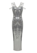 Sylvara Rhinestone Sequin Maxi Dress In Silver