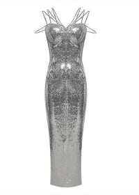 Sylvara Rhinestone Sequin Maxi Dress In Silver