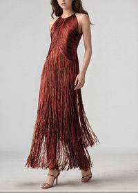 Natesa Halter Tassel Maxi Dress In Brown