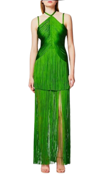 Bentley Halter Neck Fringe Tassel Dress In Green