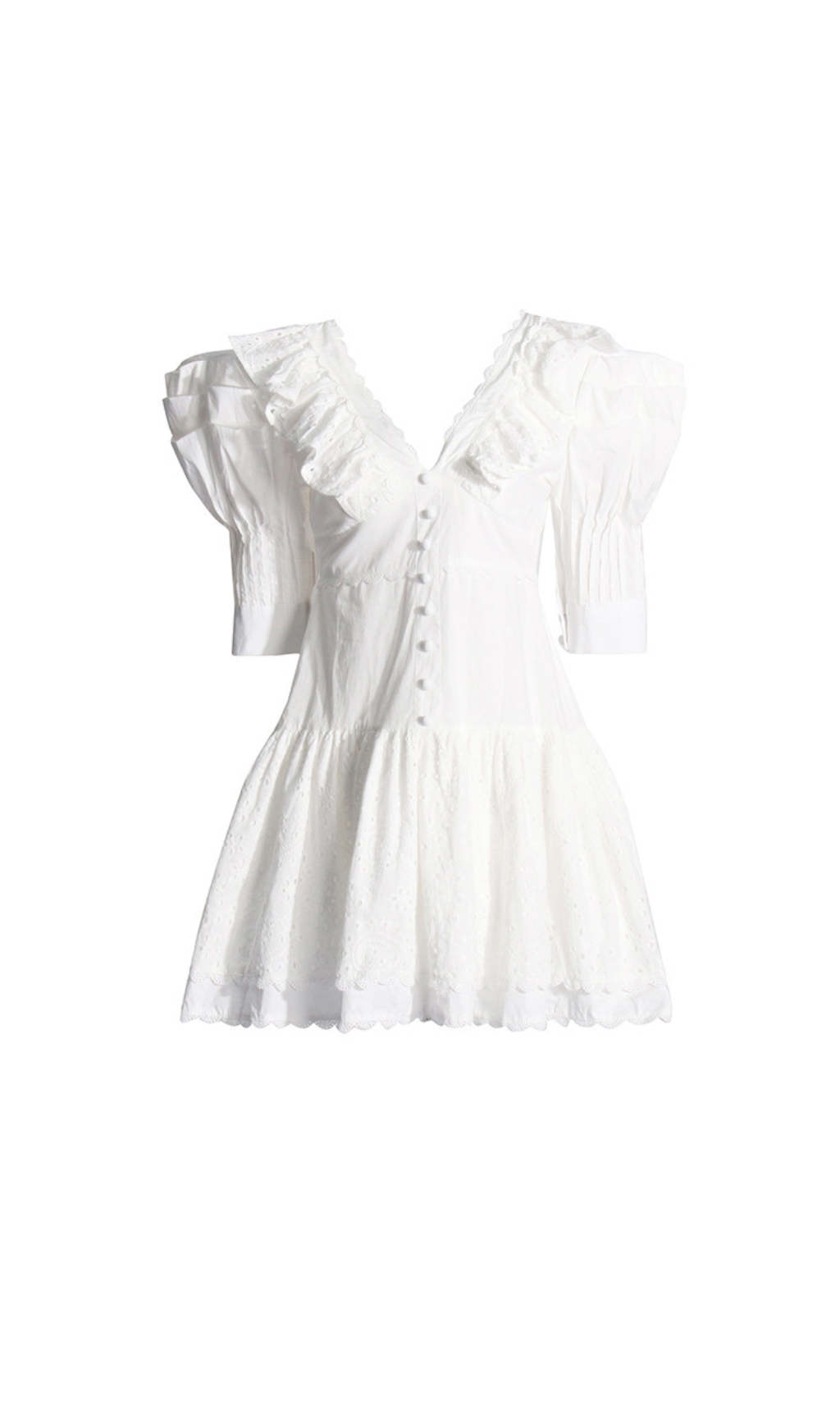 Makoto V-Neck Embroidered Ruffled Mini Dress In White