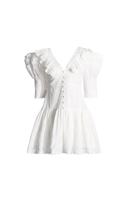 Makoto V-Neck Embroidered Ruffled Mini Dress In White