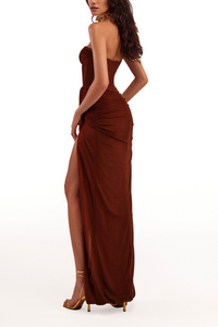 Tafari Strapless Ruched Maxi Dress In Brown