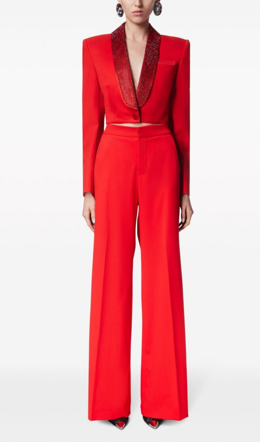 Pamela Crystal-Embellished Cropped Blazer Set In Red