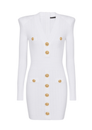 Sable White Short Knitted Mini Dress With Gold Buttons