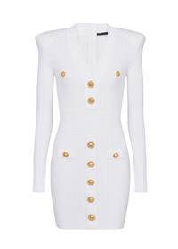 Sable White Short Knitted Mini Dress With Gold Buttons