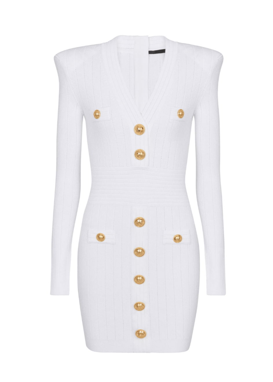 Sable White Short Knitted Mini Dress With Gold Buttons