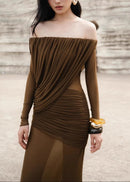 Cryxel Off-Shoulder Draped Mesh Maxi Dress In Brown
