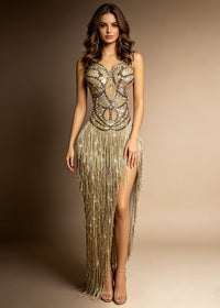 Kreutzix Crystal Fringe Split Maxi Dress