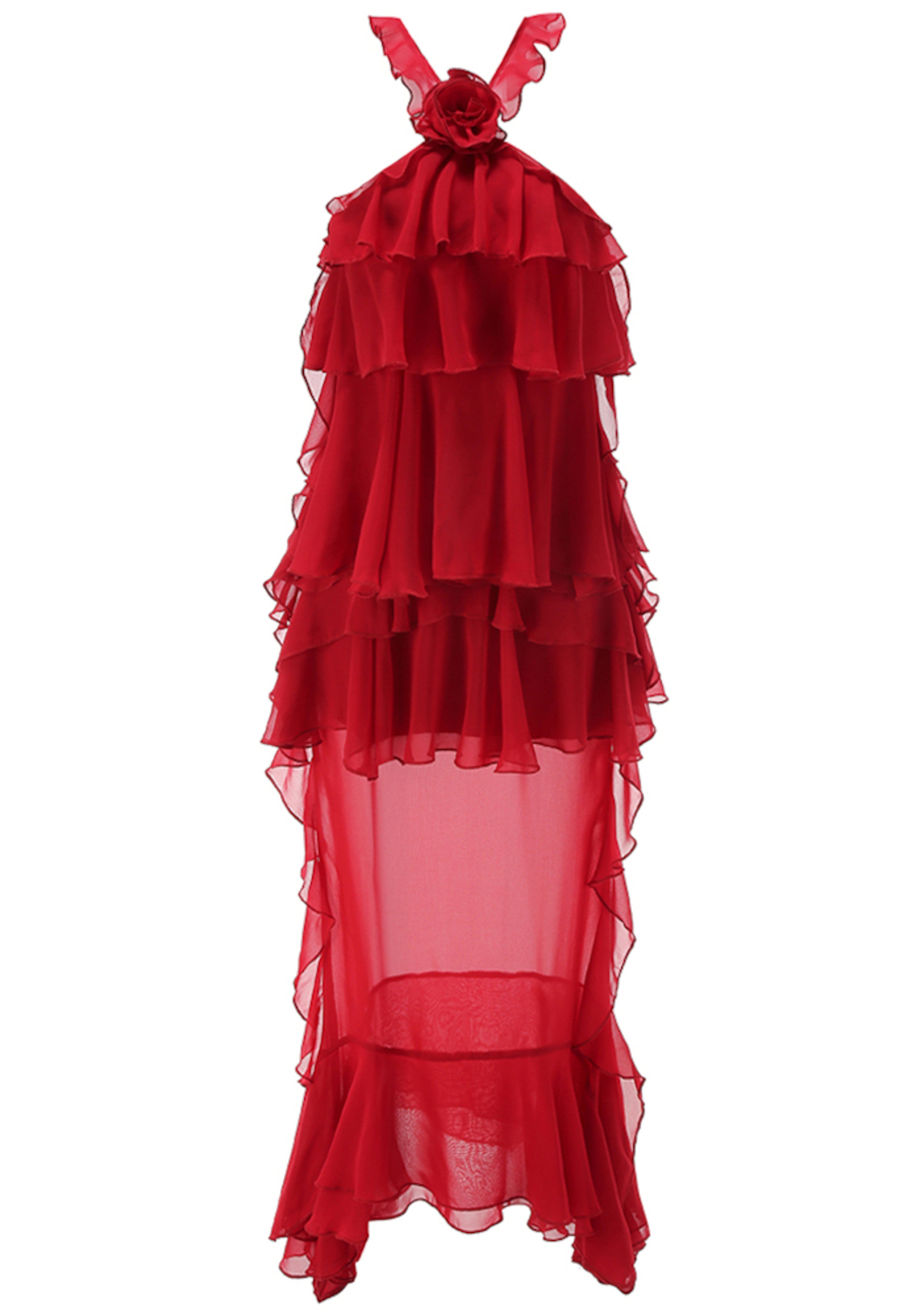 Brysalis Halter Floral Ruffle Maxi Dress In Red