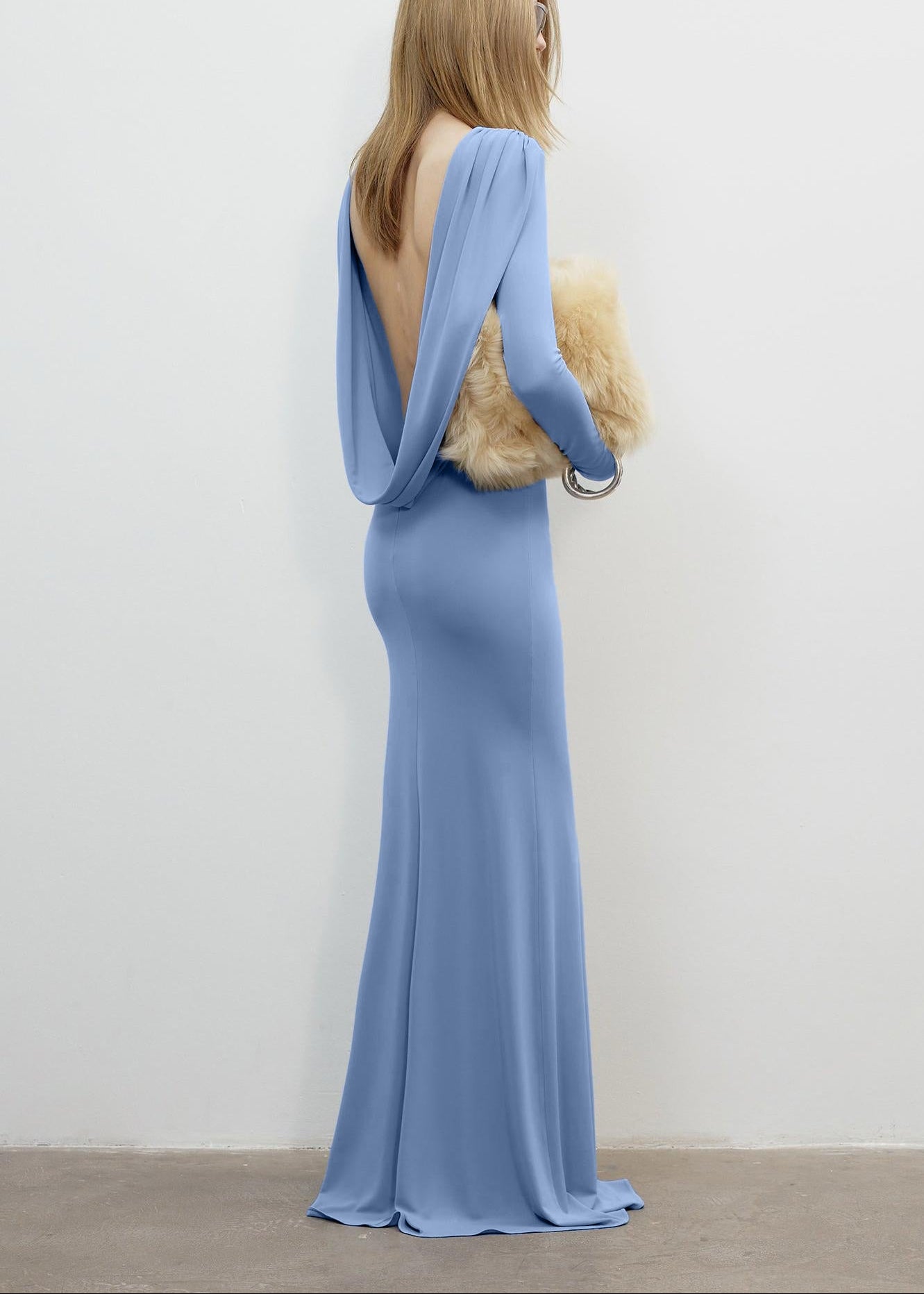 Implexor Long Sleeve Draped Back Maxi Dress In Blue