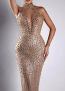 Ogima Halter Crystal Sequin Maxi Dress In Gold