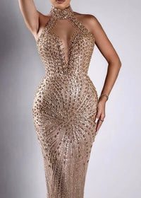 Ogima Halter Crystal Sequin Maxi Dress In Gold