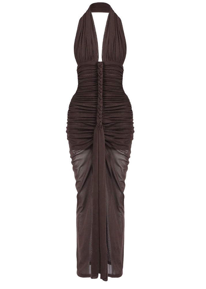 Elnyxa Halter Braid Detail Ruched Maxi Dress