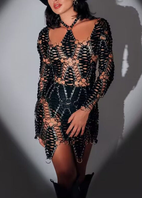 Zylon Long Sleeve Leather Mini Dress