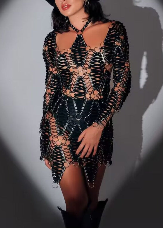 Zylon Long Sleeve Leather Mini Dress