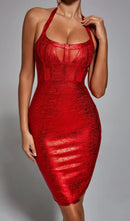 Lakendra Neck Metallic Bandage Dress In Red