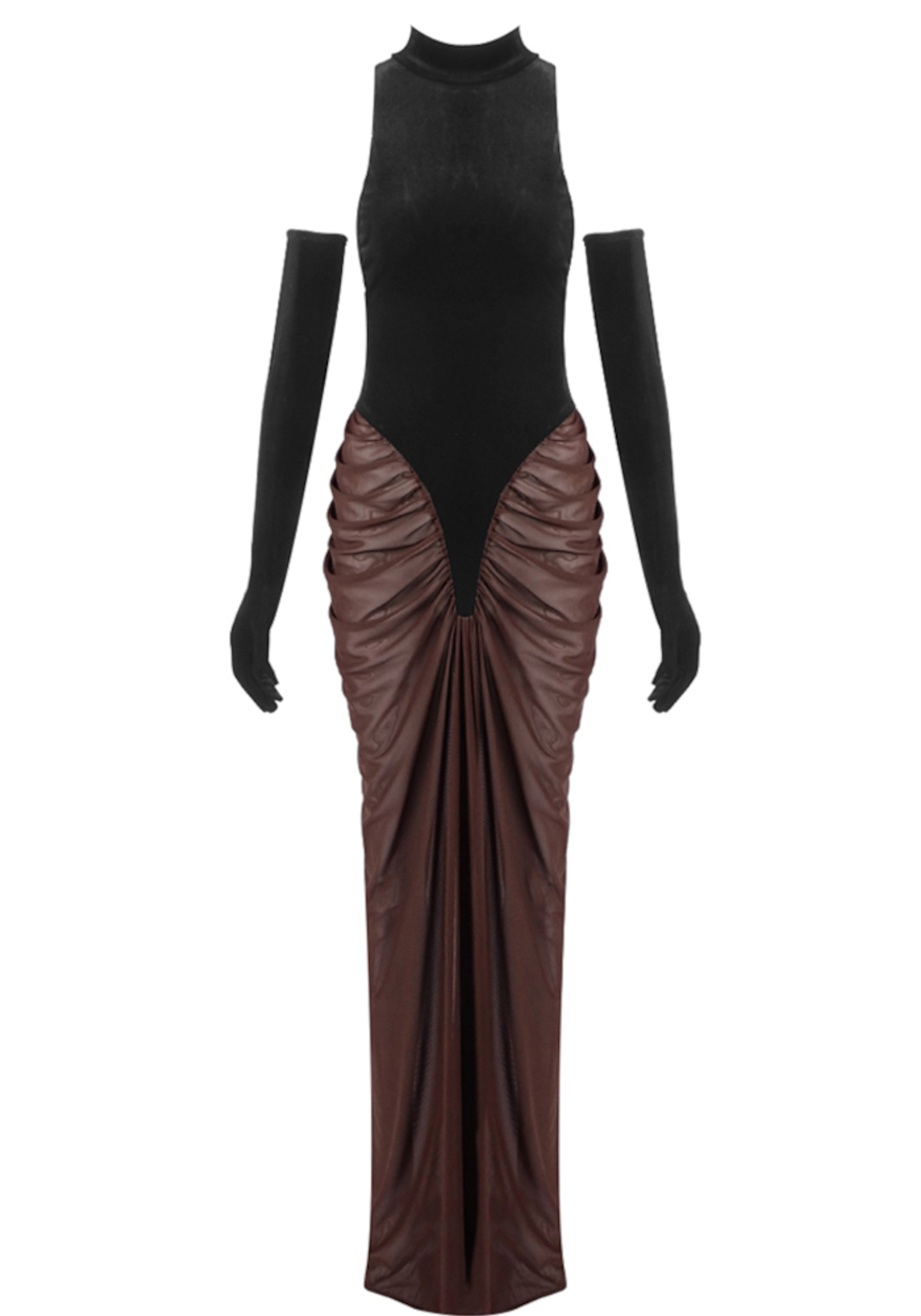 Aithley Halter Draped Maxi Velvet Dress In Black Brown