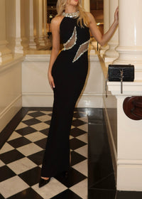 Marfa Halter Crystal Maxi Velvet Dress In Black