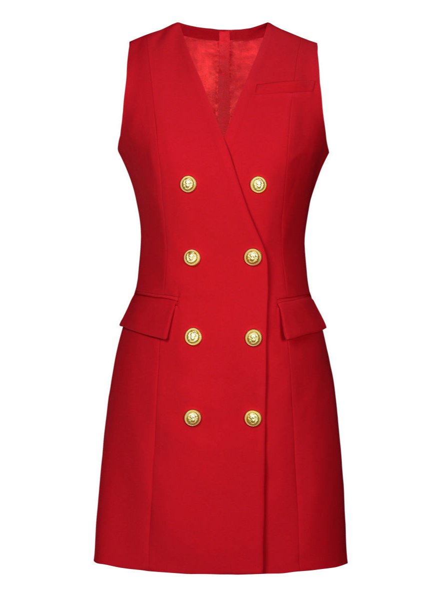 Liwy Metal Button Double Breasted Sleeveless Mini Dress In Red