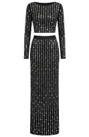 Relara Long Sleeve Crystal Maxi Two Piece Dress In Black