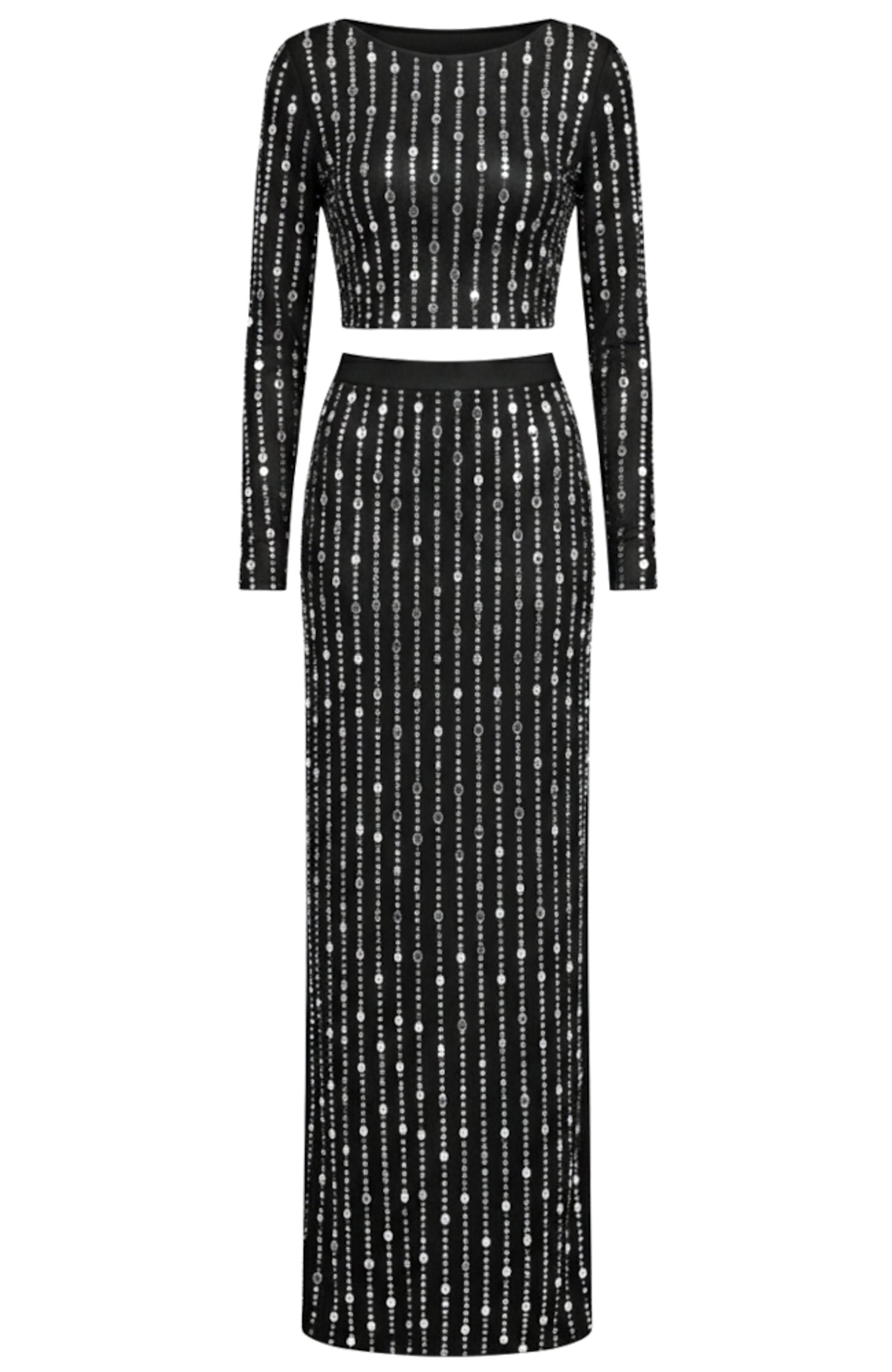 Relara Long Sleeve Crystal Maxi Two Piece Dress In Black