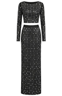 Relara Long Sleeve Crystal Maxi Two Piece Dress In Black