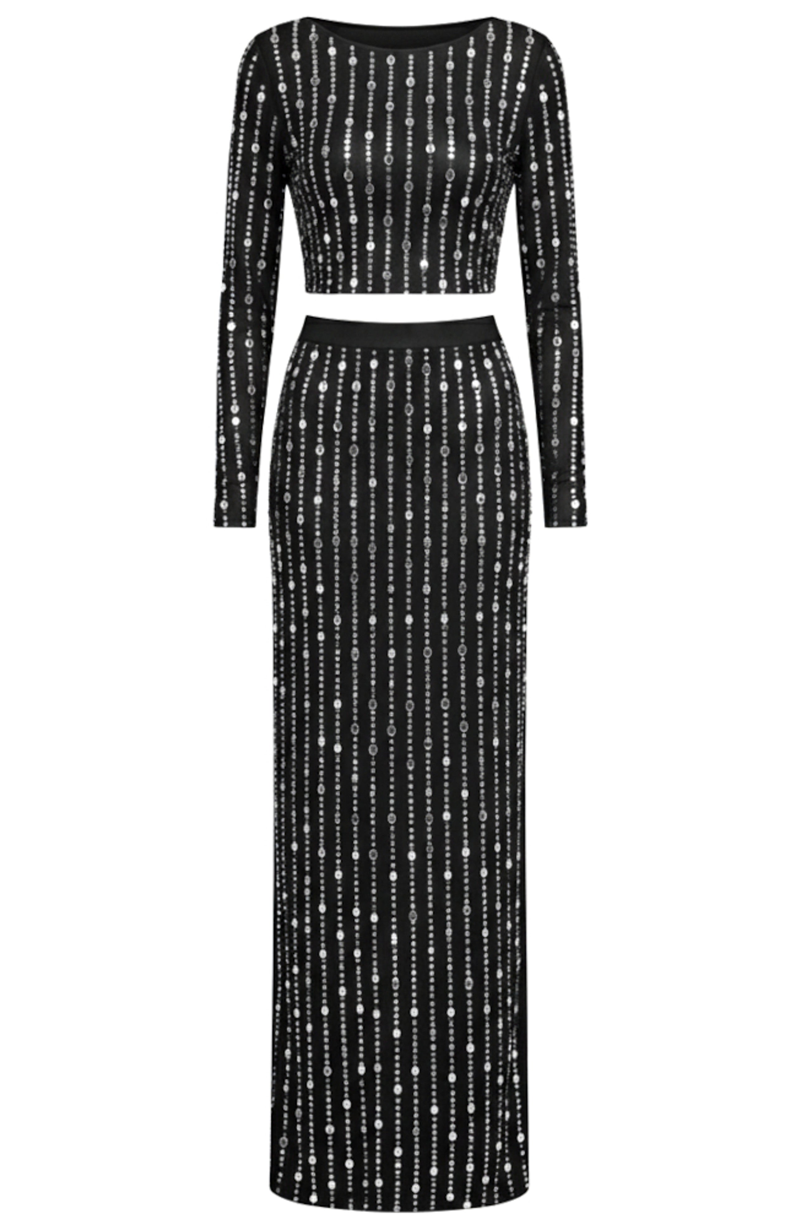 Relara Long Sleeve Crystal Maxi Two Piece Dress In Black