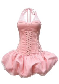 Baines Halter Lace Up Detail Bubble Mini Dress In Pink