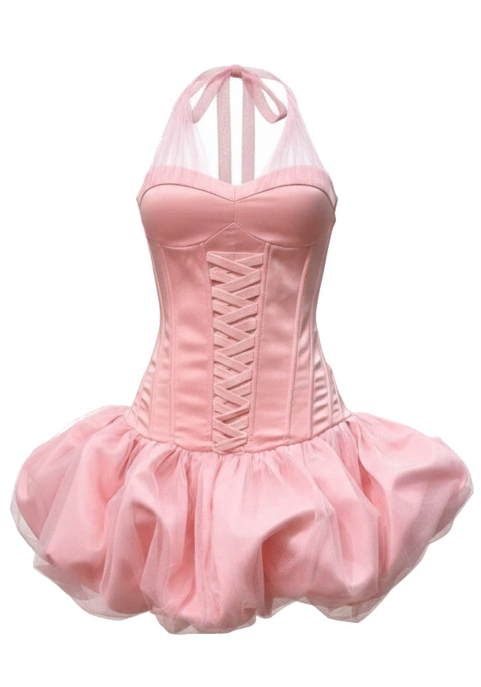Baines Halter Lace Up Detail Bubble Mini Dress In Pink
