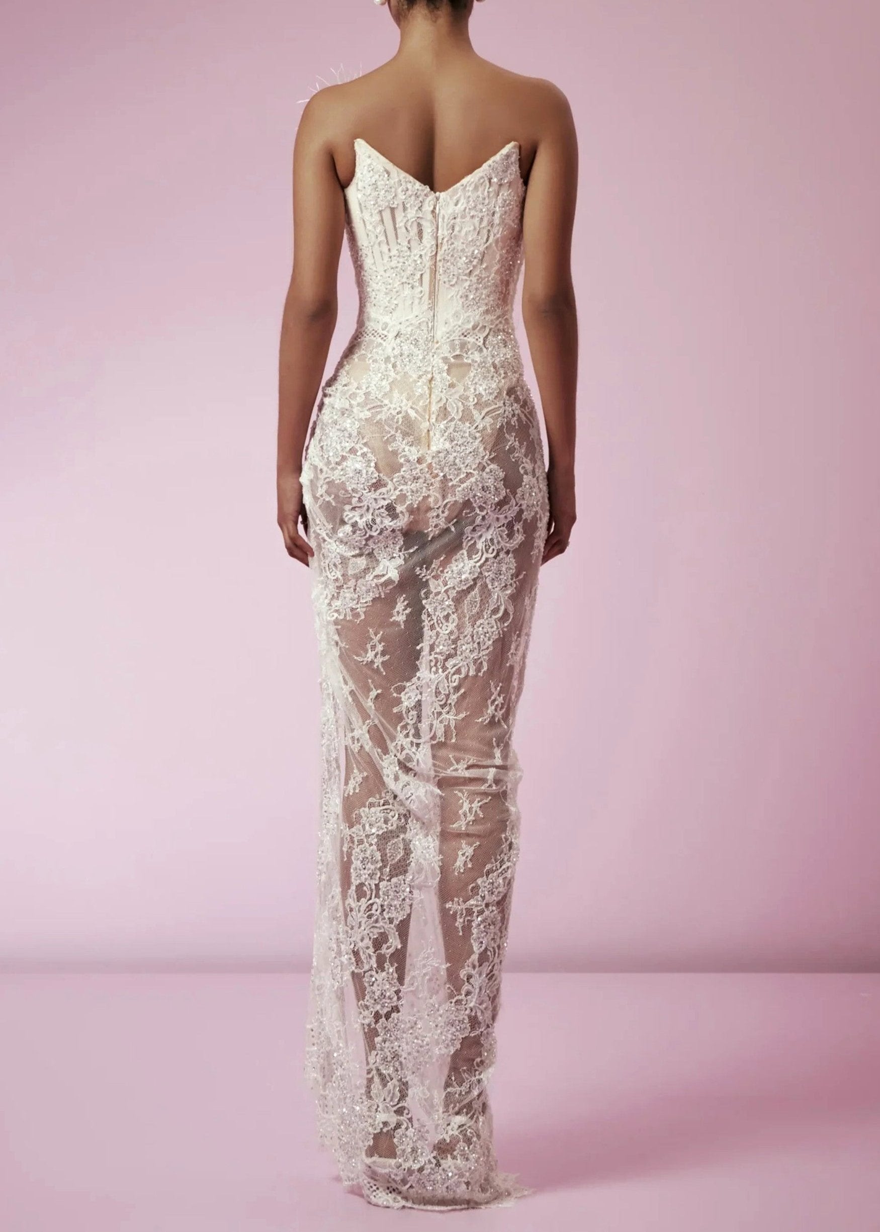 Caysie Strapless Feather Lace Corset Maxi Dress In White