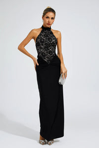 April Halter Neck Lace Bodycon Maxi Dress In Black