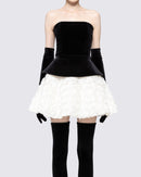 Renaud Strapless Corset Floral A Line Velvet Mini Dress In Black White